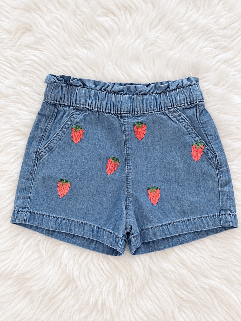 Girls' Denim Shorts with Strawberry Embroidery - Blue